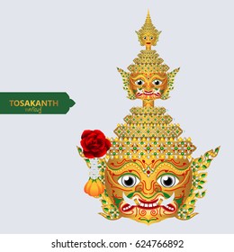 Thai giant ramayana mask vector ( Thai language name is Tosakanth ) with gold patterned and crystals color.