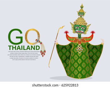 Thai giant ramayana puppet vector ( Thai language name is Tosakanth ) with gold patterned and crystals color for concept travel thailand.