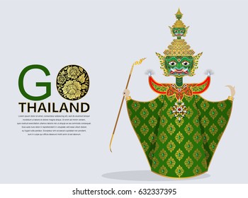 Thai giant ramayana puppet vector ( Thai language name is Tosakanth ) with gold patterned and crystals color for concept travel thailand.