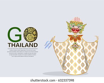 Thai giant ramayana puppet vector ( Thai language name is Hanuman ) with gold patterned and crystals color for concept travel thailand.