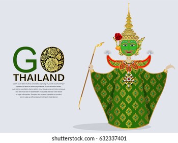 Thai giant ramayana puppet vector ( Thai language name is Phra Ram ) with gold patterned and crystals color for concept travel thailand.