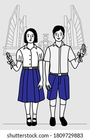 Thai girl and boy students are showing gesture of raising hand and three fingers as the symbol of protesting for democracy. Youth students protest government, Political problems in Thailand.