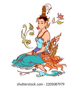 Thai girl in costume vector for card, illustration, decoration