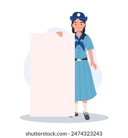 Thai Girl Scout in Uniform with Blank Sign, Ideas for School Projects and Outdoor Activities