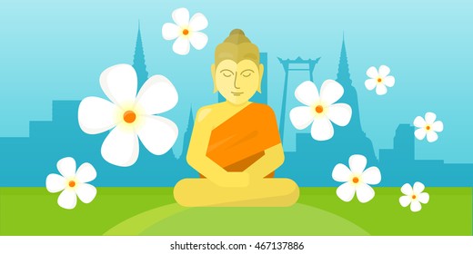 Thai god Buddha sitting on meadow over city landscape. Yoga zen. Indian, Buddhism, spiritual art, esoteric. Asian religion buddha statue with calm face. Traditional peaceful natural church buddha.