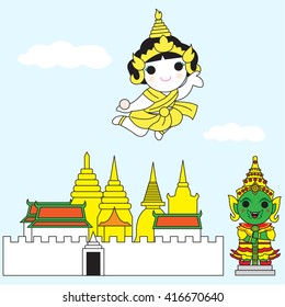 Thai Goddess Of Lightning Flying Over Temple of Emerald Buddha illustration