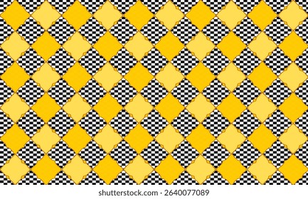 Thai golden  Jasmine flower pattern star diamond, yellow plaid fabric texture, yellow diamond on black Plaid pattern background checkerboard repeat pattern, replete image, design for fabric printing
