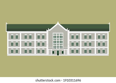 Thai Goverment buildings on street flat design.Old historic building.Classic house isolated background.Flat facade buildings design