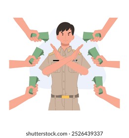 Thai Government Officer Cartoon Refusing Bribe with No Gesture in Anti-Corruption Theme