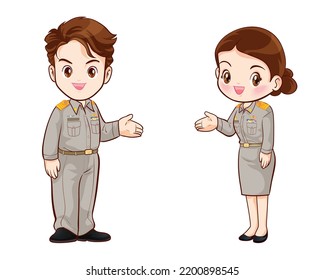 Thai-Regierungsbeamte in Uniform-Paar Cartoon-Charakter Gruß-Pose