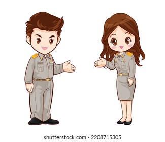 Thai-Regierungsbeamte in Uniform-Paar Cartoon-Charakter Gruß-Pose