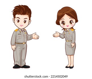 Thai-Regierungsbeamte in Uniform-Paar Cartoon-Charakter Gruß-Pose