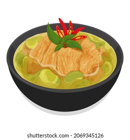 Thai green curry chicken soup recipe in black bowl menu illustration vector. (Kaeng Kiew Waan Gai)