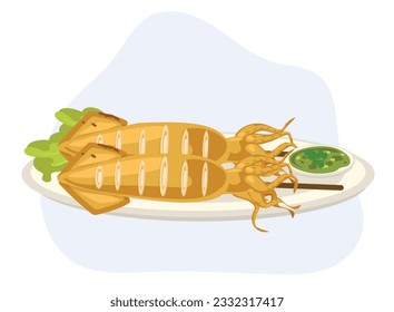 Thai grilled Jumbo size of squid. served with spicy seafood sauce and lettuce