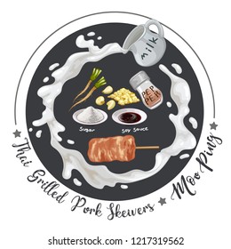 thai grilled pork skewers with ingredients vector illustration