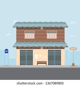 Thai house design on main street with bus stop and city background vector illustration.Home Bangkok city style on the road.Old home in flat design