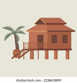 Thai house with palm tree and big jar
