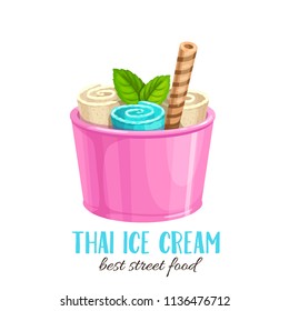 Thai ice cream roll with waffle. Vector cartoon flat icon summer refreshing dessert for design street food.