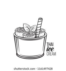 Thai ice cream roll with waffle. Vector icon summer asian dessert for design street food. Retro style.