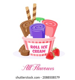 Thai ice cream rolls in a paper basket. Different flavours blueberry, strawberry, mint, chocolate. Strawberries laying at the bottom. Chocolate sticks and marshmallows on the icecream. Isolated vector