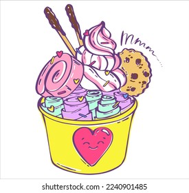 Thai ice cream topped with cookies and whipped cream. Asian street food. Frozen fruits. Flat vector illustration. Sweet food.