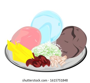 Thai ice cream, with toppings, red beans and glutinous rice, pumpkin, peanuts
