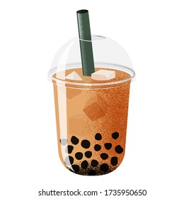 Thai Ice Milk Tea with Boba, Clear Lid Dome and Green Straw, Vector Illustration. Isolated Image on White Background.
