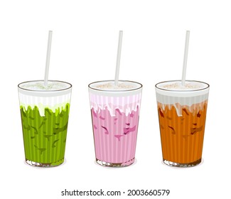 Thai ice tea, green tea and pink milk tea. Isolate glasses of thai milk tea on white background. Anime food and beverage hand drawing vector illustration. Close up drink vector.  