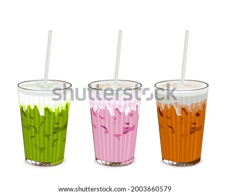 Thai ice tea, green tea and pink milk tea. Isolate glasses of thai milk tea on white background. Anime food and beverage hand drawing vector illustration. Close up drink vector.  