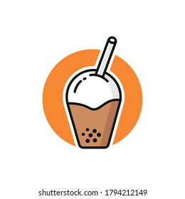 Thai iced Tea with Whipped Cream, Logo Vector. Bubble milk tea, Thai tea flavor. illustration.