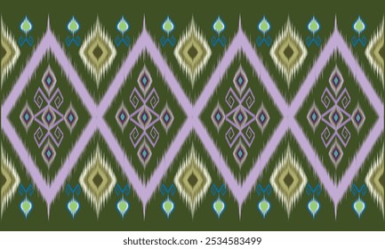 Patrón étnico tailandés Ikat sobre fondo verde abstracto. Diseñado para imprimir o bordar en tela, alfombra, Fondo de pantalla, cortina, funda de almohada o decoración de interiores para el hogar o la oficina.