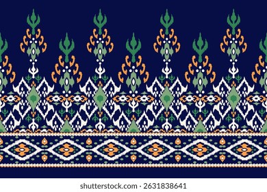 Thai Ikat floral pattern on navy blue background,Ikat ethnic oriental pattern,thai  pattern.Vector,Aztec style,abstract background,hand drawn.design for texture,fabric,clothing,decoration,print,sarong