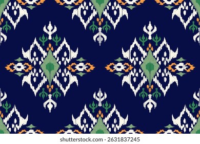 Thai Ikat floral seamless pattern on navy blue background,Ikat ethnic oriental seamless pattern,thai seamless pattern.Aztec style,abstract background.design for texture,fabric,clothing,decoration