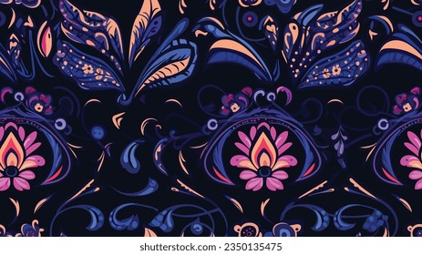 Thai Ikat paisley embroidery on navy blue background.geometric ethnic oriental pattern traditional.Aztec style abstract vectorillustration.design for texture,fabric , Vector illustration.embroidery