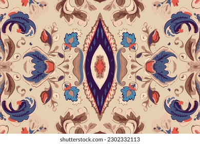 Thai Ikat paisley embroidery pattern on light brown background.  Abstract traditional folk ancient antique tribal ethnic graphic line. Ornate elegant luxury vintage retro style.