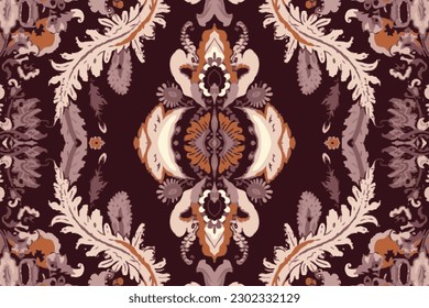 Thai Ikat paisley embroidery pattern on brown background.  Abstract traditional folk ancient antique tribal ethnic graphic line. Ornate elegant luxury vintage retro style.