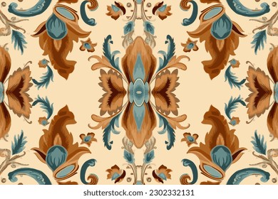 Thai Ikat paisley embroidery pattern on light brown background.  Abstract traditional folk ancient antique tribal ethnic graphic line. Ornate elegant luxury vintage retro style.