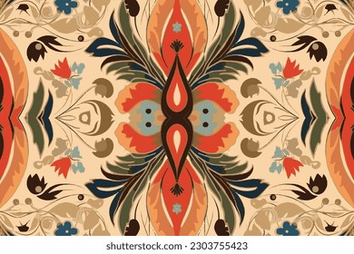 Thai Ikat paisley embroidery pattern on light brown background.  Abstract traditional folk ancient antique tribal ethnic graphic line. Ornate elegant luxury vintage retro style.
