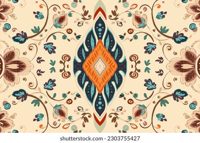 Thai Ikat paisley embroidery pattern on light brown background.  Abstract traditional folk ancient antique tribal ethnic graphic line. Ornate elegant luxury vintage retro style.