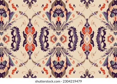 Thai Ikat paisley embroidery pattern on light brown background.  Abstract traditional folk ancient antique tribal ethnic graphic line. Ornate elegant luxury vintage retro style.