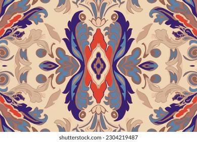 Thai Ikat paisley embroidery pattern on light brown background.  Abstract traditional folk ancient antique tribal ethnic graphic line. Ornate elegant luxury vintage retro style.