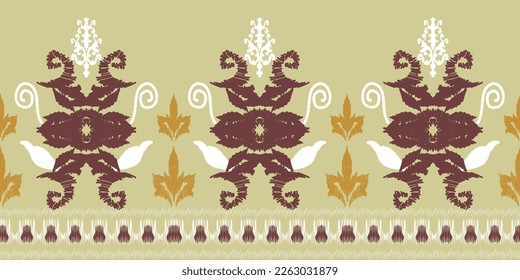 Thai Ikat paisley pattern on light yellow background, traditional oriental geometric pattern, aztec abstract vector pattern design for