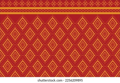Patrón geomoétrico de oro del Ikat tailandés sin soldadura sobre fondo rojo tela tailandesa para ropa, vestido, uniforme