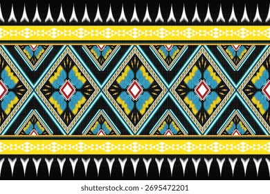 Thai ikat tribal diamond pattern in yellow, blue, and black. Inspired by traditional woven textiles and geometric motifs, perfect for fashion, fabric design, backgrounds, and ethnic art.