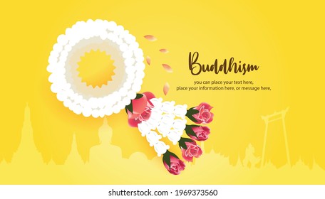 Thai jasmine garland for mother’s day or songkran festival or religion buddhism observation day vector on yellowe background