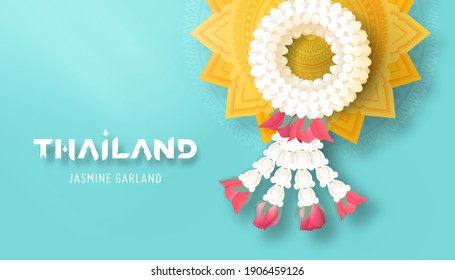 Thai jasmine garland and golden pedestal tray top view vector illustration for Mother's day or Songkran festival or religion buddhism observation day to show appreciate and gratitude.