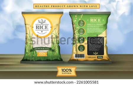 Thai jasmine rice. 3D packaging for solid food products. Organic dessert or fresh eat logo. Natural Thailand grain label design. Vegan nutrition. Vector exact realistic package template