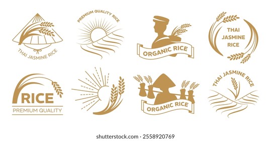 Thai jasmine rice emblems. Elegant badges with rice panicle, paddy field and farmer with Asian conical hats silhouettes. Agricultural product and farming branding templates vector set.