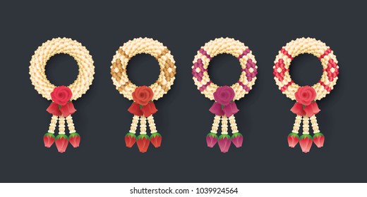 Thai Jasmine and Roses Garland, Illustration of Thai art, Color Garland vector Design isolated, Welcome to Thailand,