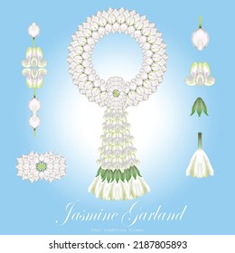 Thai Jasmine and White Champaka Garland vector illustration thai art culture flower garland mother's day songkran festival blue background thai bouquet tradition